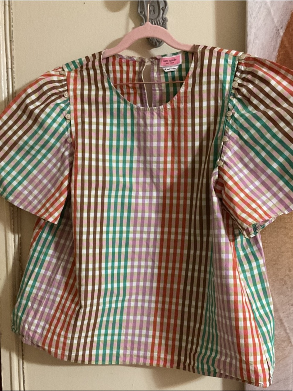 kate spade Multicolor Gingham Puff Sleeve Blouse-detachable sleeves